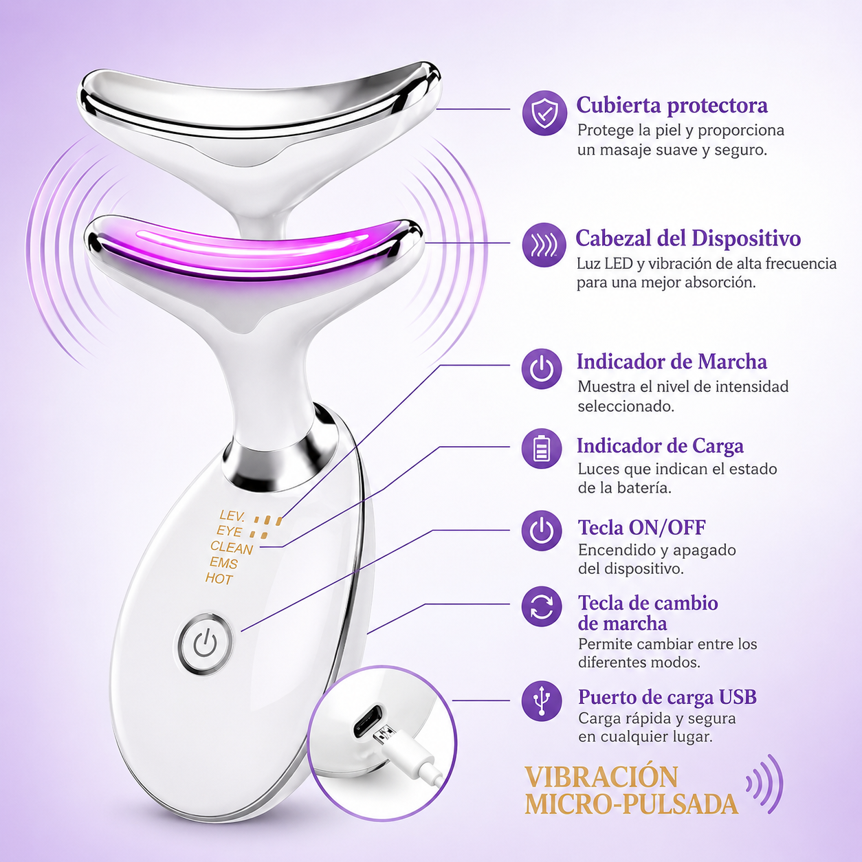 Masajeador Facial Lifting con 3 Luces LED y EMS