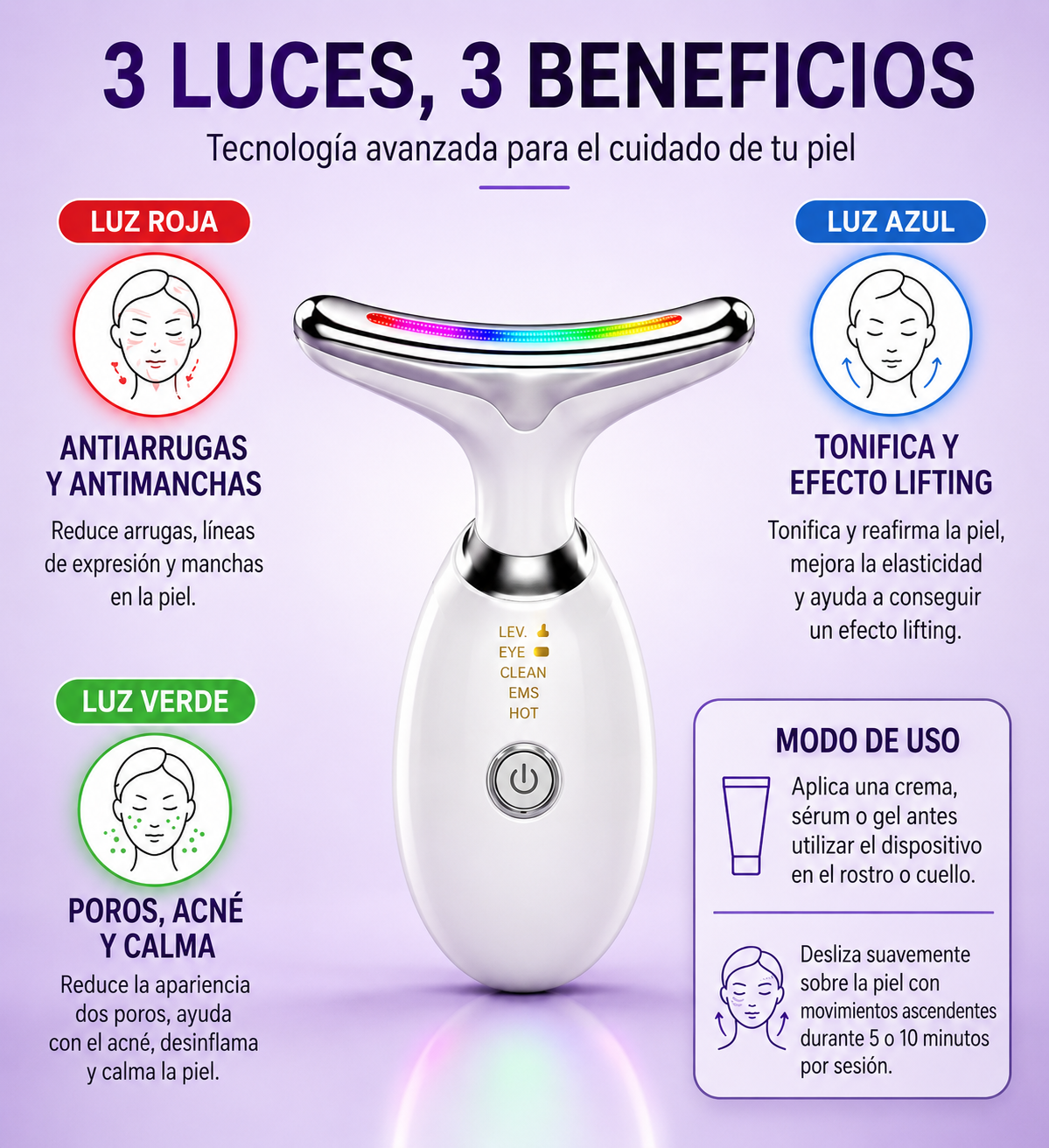 Masajeador Facial Lifting con 3 Luces LED y EMS